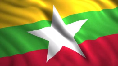 Myanmar bayrağı 3D animasyon sallıyor. Hareket. Myanmar 'ın sembolü. Beyaz yıldızlı üç renkli bayrak..