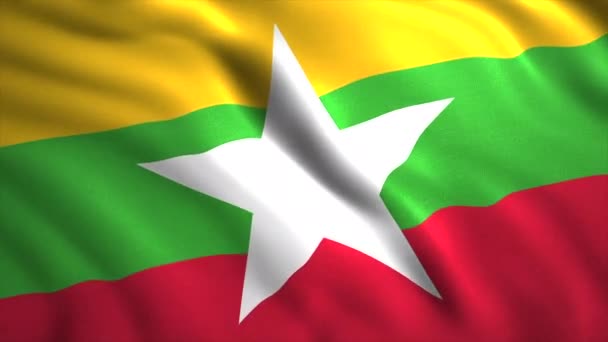 Drapeau Myanmar agitant l'animation 3D. Motion. Symbole du Myanmar, drapeau tricolore national avec une étoile blanche. — Video