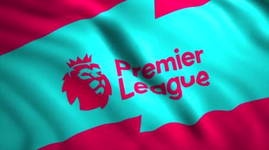 Renkli Premier Lig bayrağıyla animasyon. Hareket. Premier Futbol Ligi amblemiyle 3D bayrak sallıyor. İngiltere Premier Lig Futbol Şampiyonası