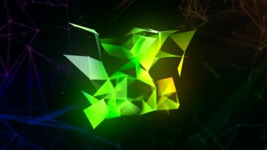 Geometrik çizgilerin 3 boyutlu küpü. Hareket. Kaotik geometrik çizgilerin holografik küpü. Çizgiler ve üçgenler küp içine bağlıdır. 