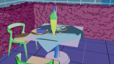 Animasyondan yapılmış parlak bir kafe. Restoranda büyük bir kokteyl ve tatlılarla dolu bir masa. Yüksek kalite 4k görüntü
