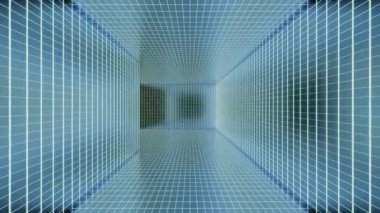 Parlak açık mavi koridor. Tasarım. Yanardöner renklerle hareket eden uzun, dikdörtgen bir koridor. Yüksek kalite 4k görüntü