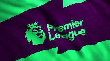  İngiliz Premier Ligi EPL logosu bayrak sallıyor. Hareket. Soyut bir bayrak sallayan taç takmış aslan. Sadece yazı işleri için.