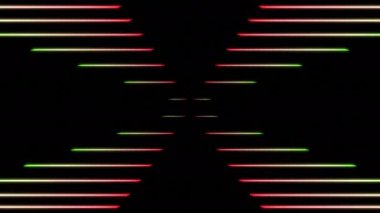 Hareket eden neon çizgilerin haçı. Tasarım. Retro çizgili neon animasyon. Renkli neon çizgileri siyah arkaplanda çapraz desen oluşturur. 