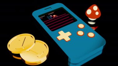 Mavi tetris ve ekranında bir oyun olan soyut retro arka plan, altın paralar ve sinek mantarı. Tasarım. Eski moda oyunlar kavramı