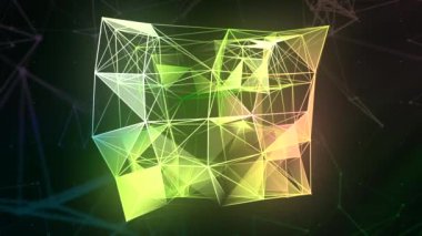 Siyah arkaplan. Hareket. Hareket eden küçük neon renkli şeritlerden oluşan dört köşeli parlak bir figür. Yüksek kalite 4k görüntü