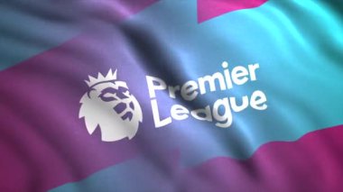  İngiliz Premier Ligi EPL logosu bayrak sallıyor. Hareket. Soyut bir bayrak sallayan taç takmış aslan. Sadece yazı işleri için.
