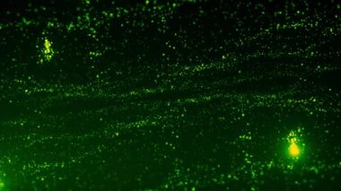 Mavi ve yeşil arkaplan. Hareket. Farklı yönlere uçan parlak beyaz parçacıklar. Yüksek kalite 4k görüntü