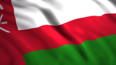 Umman Sultanı 'nın bayrağı. Hareket. Bayrağın sol tarafında beyaz, kırmızı ve yeşil renklerden oluşan üç eşit yatay şerit ve daha geniş dikey kırmızı şeritten oluşur. Yüksek kalite 4k