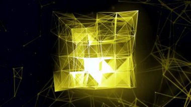 Siyah arkaplan. Hareket. Hareket eden küçük neon renkli şeritlerden oluşan dört köşeli parlak bir figür. Yüksek kalite 4k görüntü