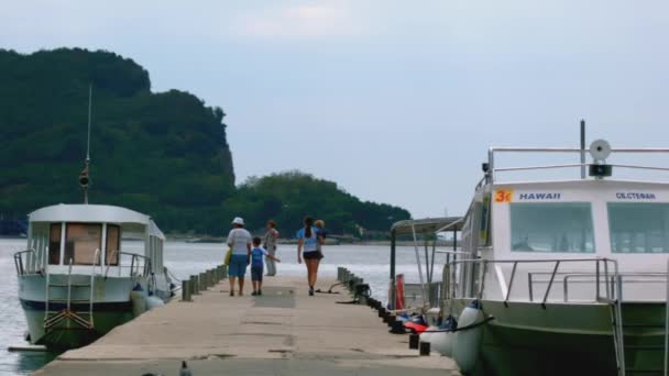 漂亮的码头 有停泊的游艇和步行的人 在绿山和海洋附近旅行的家庭 — 图库视频影像