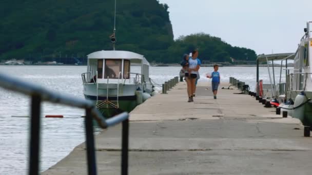 モード付きのヨットと歩く人々と美しい桟橋 クリエイティブ 緑の丘と海の近くを旅行する家族 — ストック動画