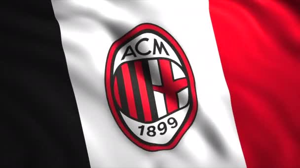 Närbild Viftande Flagga Med Milan Fotbollsklubb Logotyp Rörelse Ripplande Randig — Stockvideo