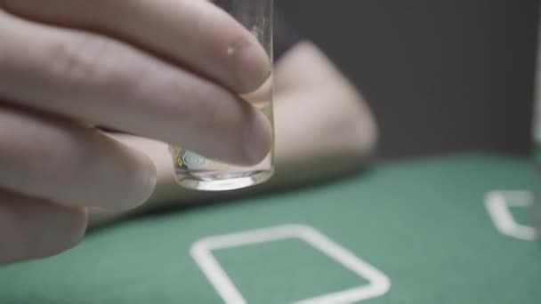 Close Man Glasses Drinking Tequila Shot While Playing Poker Action — Stock Video