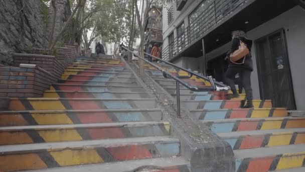 Mujer Subiendo Las Coloridas Escaleras Del Arco Iris Acción Calle — Vídeos de Stock