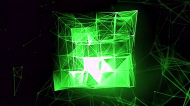Geometrik çizgilerin 3 boyutlu küpü. Hareket. Kaotik geometrik çizgilerin holografik küpü. Çizgiler ve üçgenler küp içine bağlıdır. 