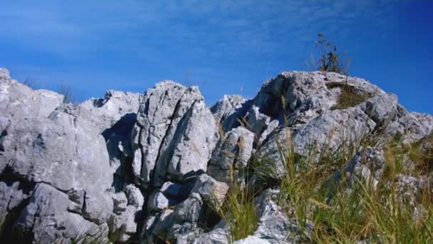 大きな石 クリエイティブ 緑の草と明るい青空の頭上に大きな石の丘 高品質のフルHd映像 — ストック動画