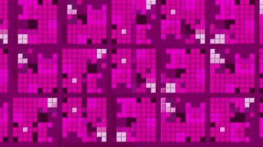 Mor soyut pikselli arka plan. Hareket. Yanıp sönen küçük renkli kareli mozaik desen