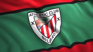 3D bayraklı futbol kulübü logosu. Hareket. Futbol kulübü logosu ve bayrak sallayan spor geçmişi. İspanyol futbol kulübü Athletic Bilbao 'nun logosu. 