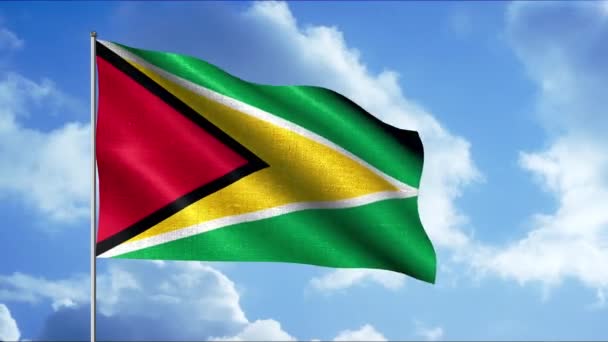 Flag Guyana Motion Bright Flag Different Colors Hovering Blue Sky — Stock Video