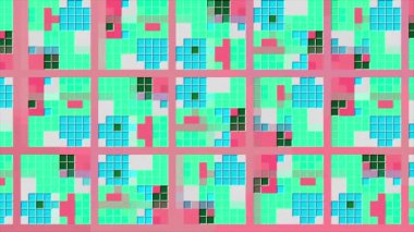 Piksel desenli parlak renkli animasyon. Hareket. Kare ve piksellerle güzel, şık bir desen. Değişen desenli piksel animasyonunda modern renkler.