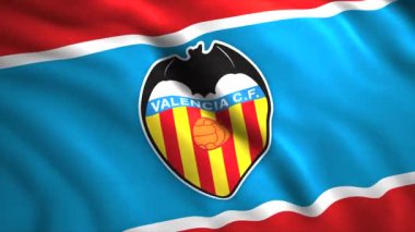 Valencia CF futbol kulübü logosuyla bayrak sallamaya yakın durun. Hareket. Renkli gerçekçi dalgalanan bayrak. Sadece yazı işleri için.