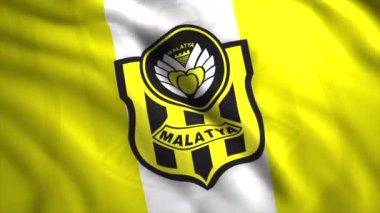 Yeni Malatyaspor Türk profesyonel futbol kulübü logosu bayrağa yakın. Hareket. Bir futbol kulübünün renkli amblemi. Sadece yazı işleri için.