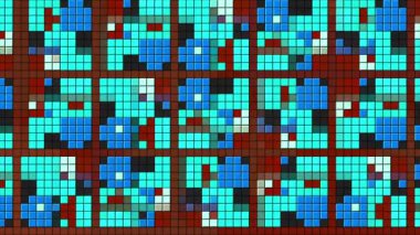 Renkli mozaik kareler aynı şekilde hareket eder. Hareket. Değişen karelerin piksel desenleri çok şık. Renkli piksellerle kare desen.