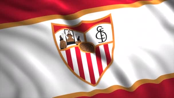 Vlajka Logem Fotbalového Týmu Sevilla Zblízka Pohyb Barevný Vlnící Příznak — Stock video