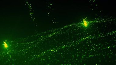 Benzersiz noktalar ve uçan kuyrukluyıldızlarla soyut yeşil parlak fütüristik dijital alan. Hareket. Küçük parçacıklardan oluşan koyu yeşil dalgalı yüzey