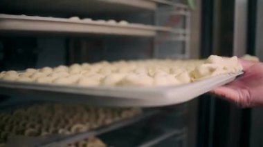 Hamur köfteleri fırın tepsisinde. Şarjör. Gemide bir sürü lezzetli börek var. Toplu yemek için hazır hamur köftesi.. 