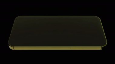 Soyut dönen sarı, yeni Apple akıllı telefonu siyah arka planda izole edilmiş. Tasarım. Iphone cihazı karanlıkta dönüyor, kusursuz bir döngü. Sadece yazı işleri için.