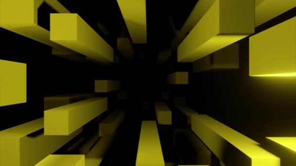 Barras Amarillas Abstractas Que Vuelan Lejos Distancia Sobre Fondo Negro — Vídeos de Stock
