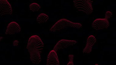 Siyah yüzeyde üç boyutlu lekeler hareket ediyor. Tasarım. Noktalı yaşam noktaları hareket eder ve siyah arka planda değişir. Bakteriyel veya moleküler hareket noktaları.