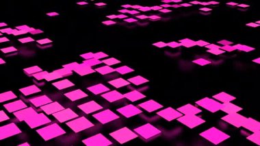 Yüzeyde kareler ve hareket eden dalga çarpıtmaları var. Tasarım. Kare ve dalgaların üç boyutlu yüzeyi. Yüzeyde piksel kareleri siyah arkaplanda olan dalga çarpıtmaları. 