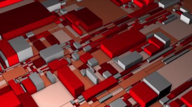 3D yüzeyde renkli küpler. Hareket. Renkli küplü 3 boyutlu çip projeksiyonu. Farklı boyutlarda küplerden yapılmış soyut şehir planı veya mikroçip.
