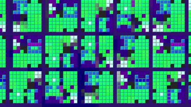 Renkli mozaik kareler aynı şekilde hareket eder. Hareket. Değişen karelerin piksel desenleri çok şık. Renkli piksellerle kare desen.