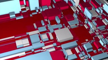 3D yüzeyde renkli küpler. Hareket. Renkli küplü 3 boyutlu çip projeksiyonu. Farklı boyutlarda küplerden yapılmış soyut şehir planı veya mikroçip.