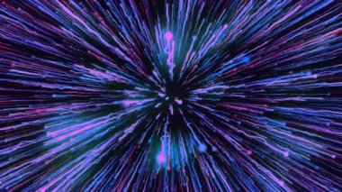 Siyah arka planda parlak çizgileri olan kozmik bir akış. Hareket. Enerji hatlarıyla aydınlık bir akıntıya daldırılmış. Dış uzaydaki renkli çizgilerle hiper atlama. 