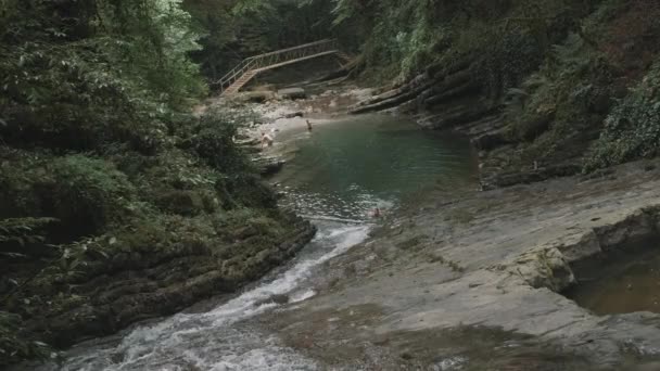 Φυσικό Άγριο Φόντο Ένα Ορεινό Ποτάμι Και Ένα Ρέμα Ανάμεσα — Αρχείο Βίντεο