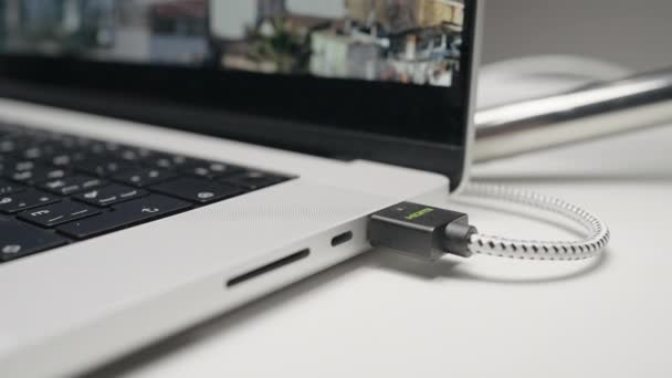 Closeup Usb Flash Drive Inserted Port Side Laptop Action Part — Stock Video