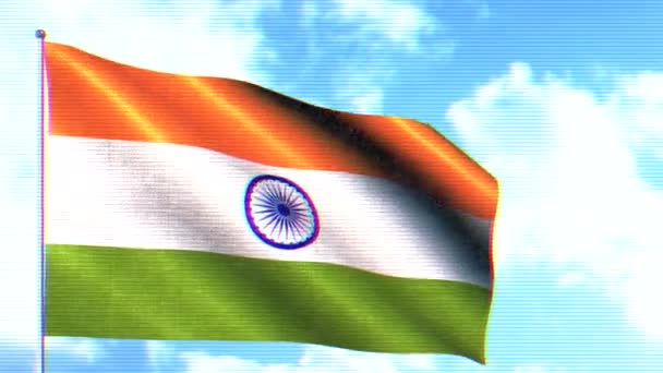 具有电视效果的国旗 通过电视屏幕 背景天空中的旗帜在发展 在电视上展示印度国旗 — 图库视频影像