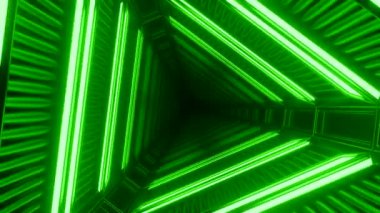 Neon çizgileri olan üçgen bir tünel. Tasarım. Uzay gemisi tarzında neon çizgileri olan üçgen bir tünel. Uzay gemisinde üçgen siber tünel. 