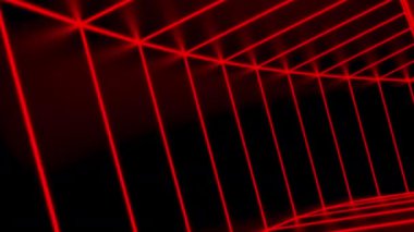 Neon çizgileri olan bir tünel. Tasarım. Sanal uzayda düz çizgileri olan geometrik bir tünel. Çizgili kare tünel hızlı ilerliyor.. 