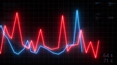 İş numaralarıyla çizelgeleri taşıyorum. Hareket. Sayılarla istatistiksel özetleri olan neon çizgiler. Para birimlerinin digramı değişiyor. 