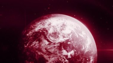 Uzaydaki gezegenle 3 boyutlu animasyon. Hareket. Uzayda radyasyon olan renkli bir gezegen. Üç boyutlu uzayda renkli ışığı olan gezegen. Astronomi. 