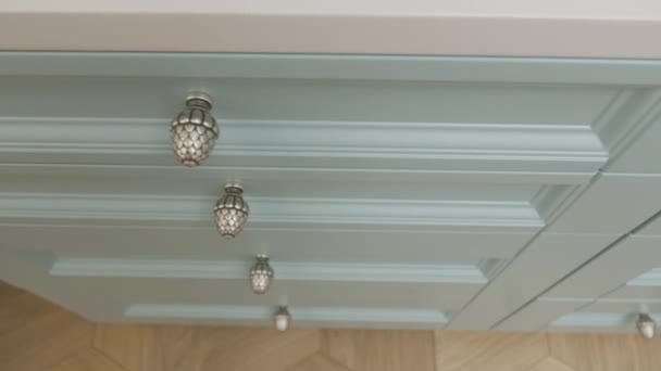 Close Top View Dresser Drawers Creative New Light Blue Furniture — Stock Video