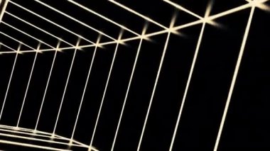 Neon çizgileri olan bir tünel. Tasarım. Sanal uzayda düz çizgileri olan geometrik bir tünel. Çizgili kare tünel hızlı ilerliyor.. 