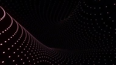 Noktaların kıvrımlı akışıyla üç boyutlu uzay. Tasarım. Dalgalı kıvrımlı hatları olan geleceksel bir alan. Noktalı çizgiler siyah arkaplan üzerinde geometrik eğrilerde hareket eder. 