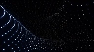 Noktaların kıvrımlı akışıyla üç boyutlu uzay. Tasarım. Dalgalı kıvrımlı hatları olan geleceksel bir alan. Noktalı çizgiler siyah arkaplan üzerinde geometrik eğrilerde hareket eder. 
